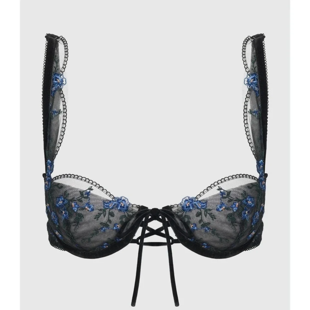 Fredericks Of Hollywood Womens Harlow Embroidered Mesh‎ Tie Front Bra Black 34 C